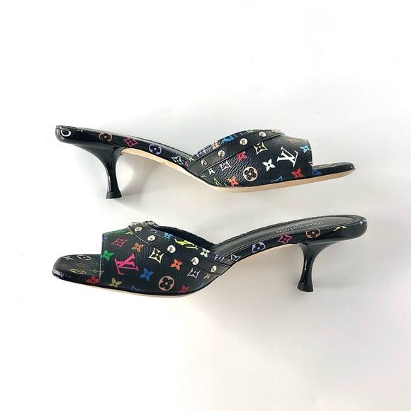 Louis Vuitton x Murakami Logo Multicolored Slip On Kitten Heel Mules Sandals 37 - Picture 4 of 8